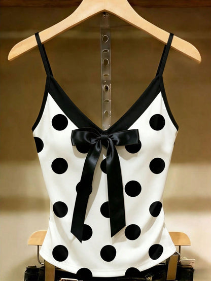 Resyla French Retro Elegant Style White Polka Dot Contrast Color Matching Bow V-Neck Fitted Bandeau Top