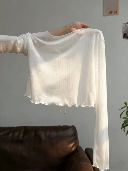 Resyla Lace Trim Camisole Dress Cover Up, Long Sleeve Knit Sheer Cover Up Top For Women, Summer