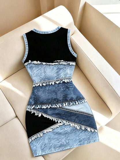 Resyla Round Neck Women's Contrast Color Patchwork Digital Print Midi Dress