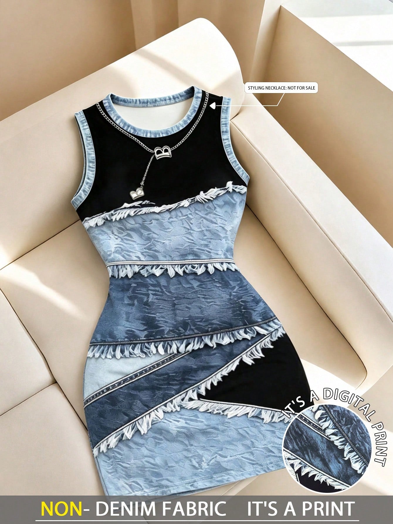 Resyla Round Neck Women's Contrast Color Patchwork Digital Print Midi Dress