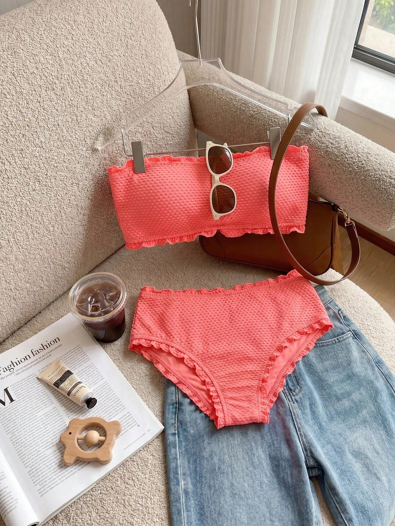 Resyla Summer Beach Frill Trim Bandeau Bikini Set Vacation