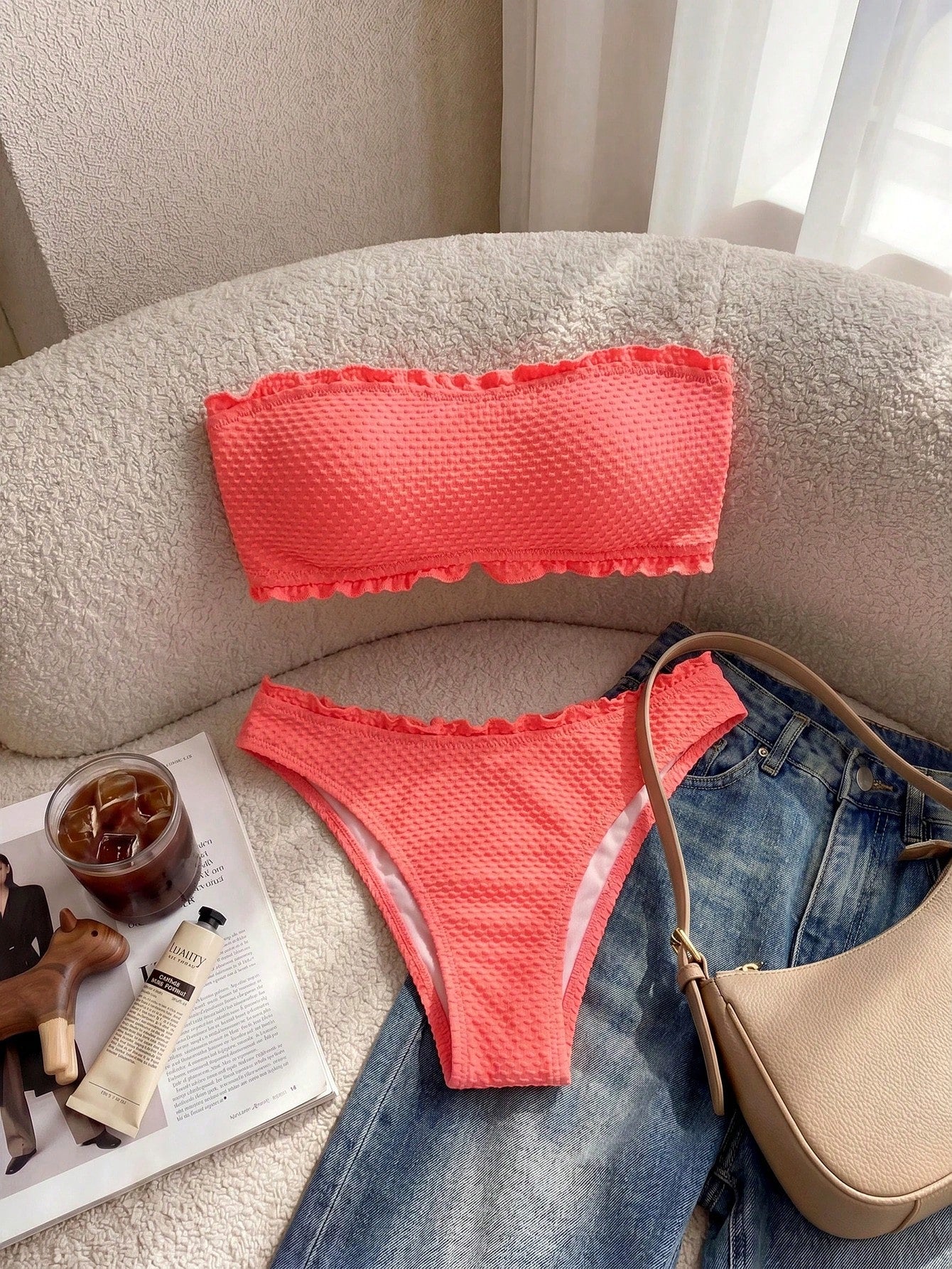 Resyla Summer Beach Frill Trim Bandeau Bikini Set Vacation