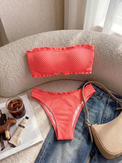 Resyla Summer Beach Frill Trim Bandeau Bikini Set Vacation