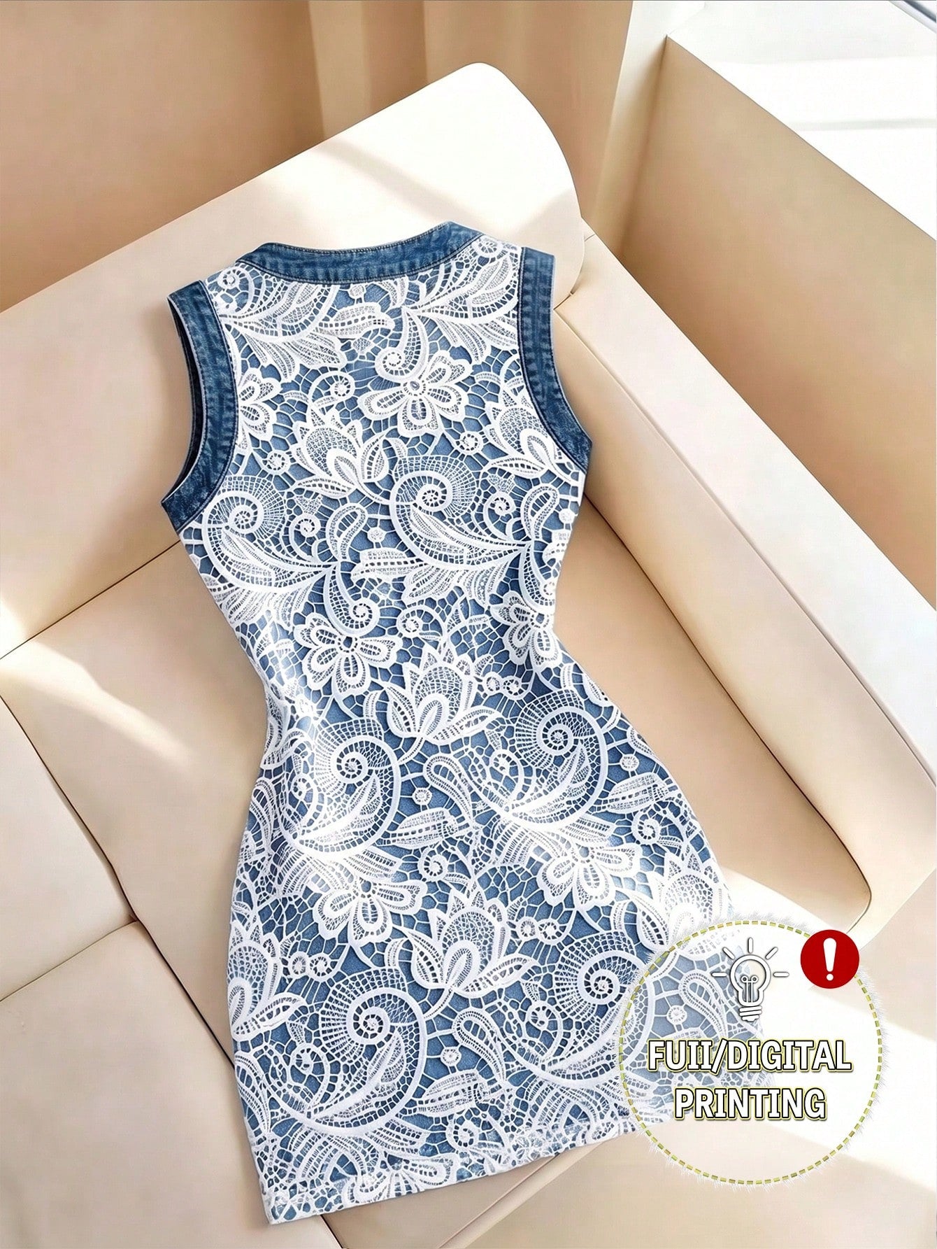 Resyla Women's 3D Simulation Contrast Color Round Neck Digital Print Mid-Length Dress