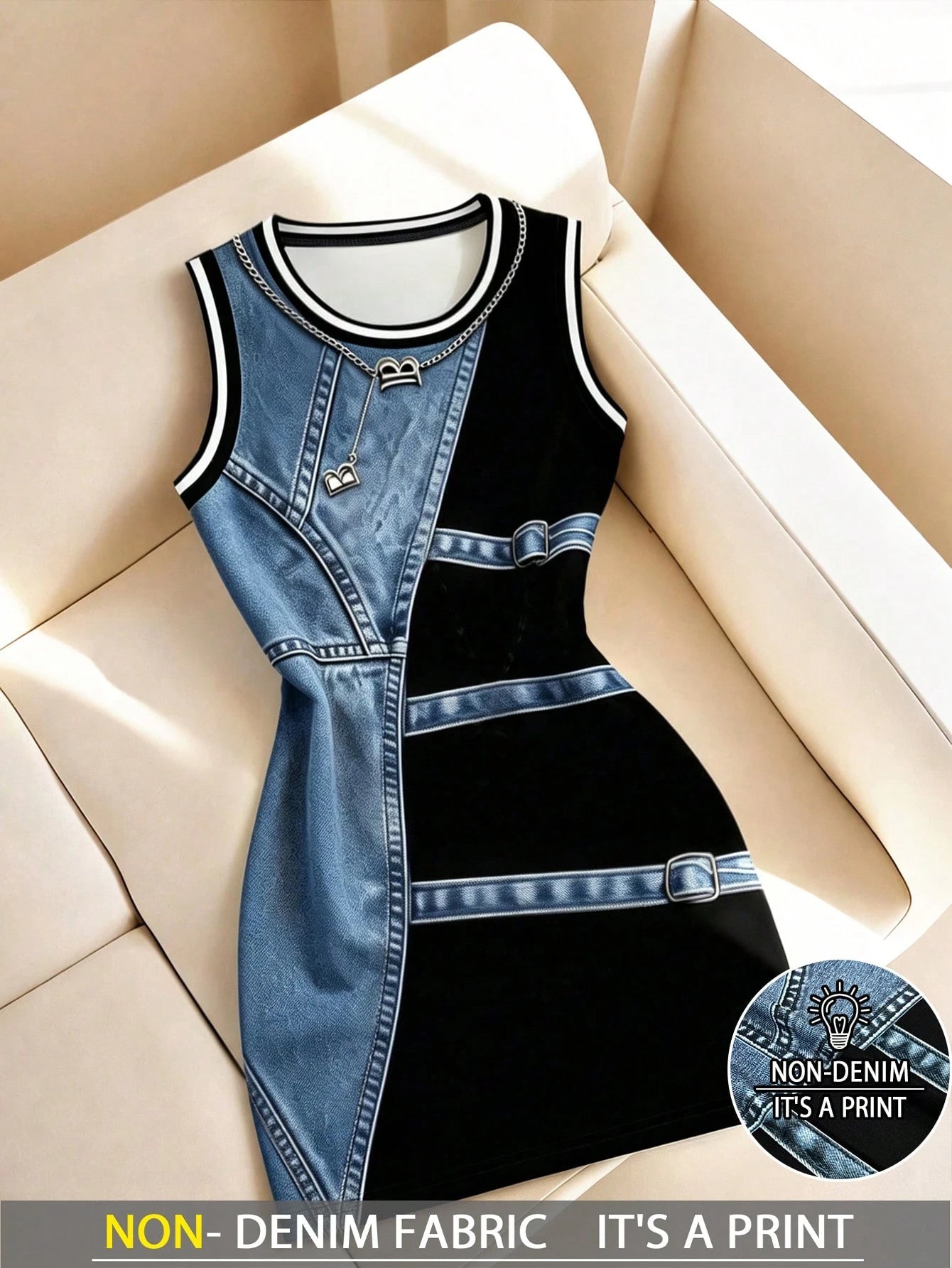 Resyla Women's 3D Simulation Contrast Color Round Neck Digital Print Mid-Length Dress
