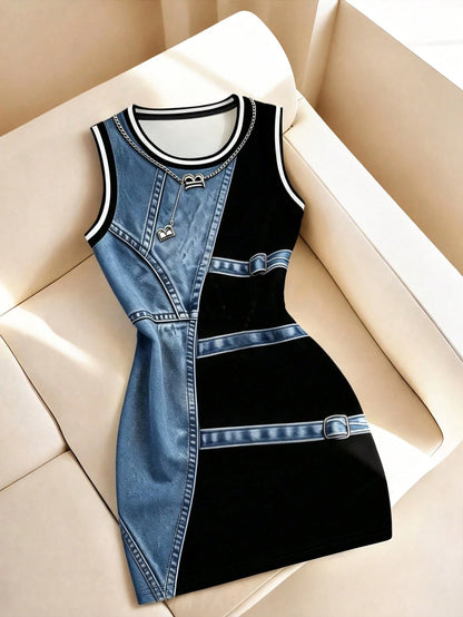 Resyla Women's 3D Simulation Contrast Color Round Neck Digital Print Mid-Length Dress