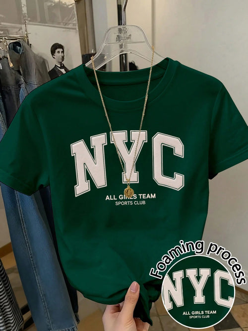 Resyla Women's Casual Green Letter Print Round Neck Short Sleeve T-Shirt, Summer
