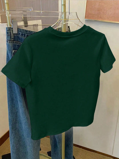 Resyla Women's Casual Green Letter Print Round Neck Short Sleeve T-Shirt, Summer