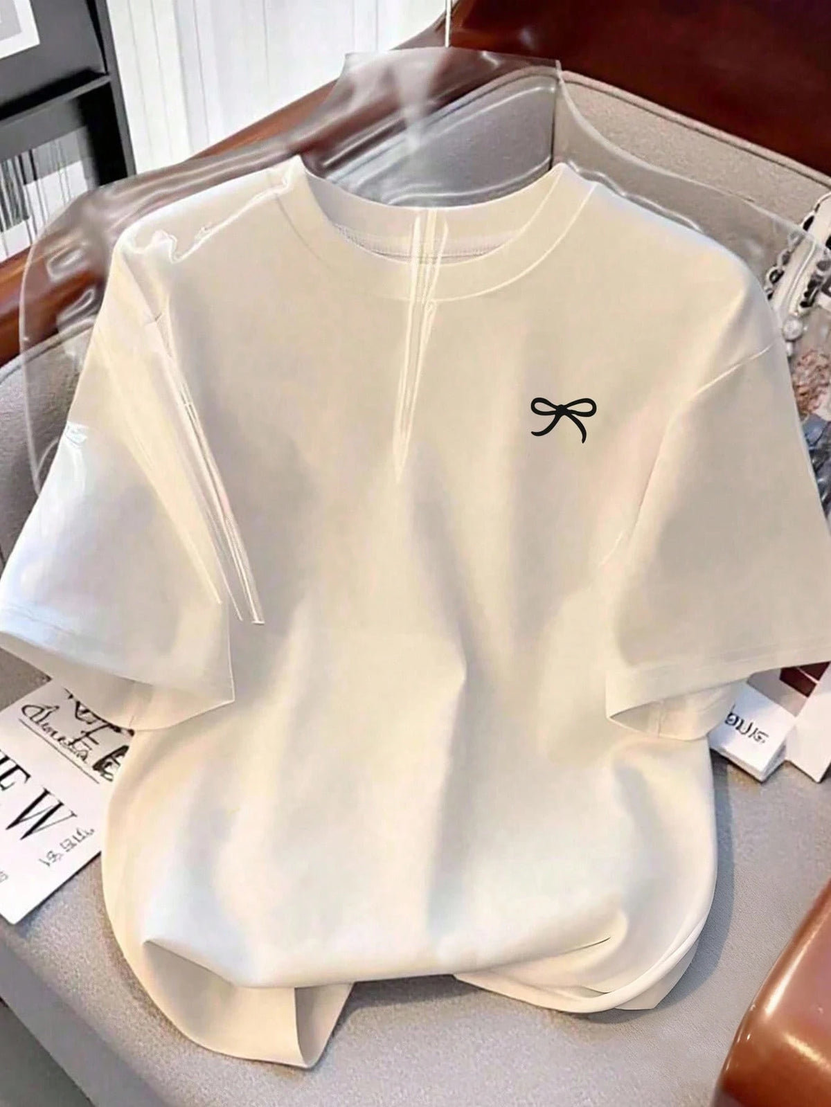 Resyla Women's Casual Off-White Bowknot & Dog Tooth Embroidery Print Short Sleeve T-Shirt,Elegant Summer Tea Party Versatile Design,Back To School,Outdoor