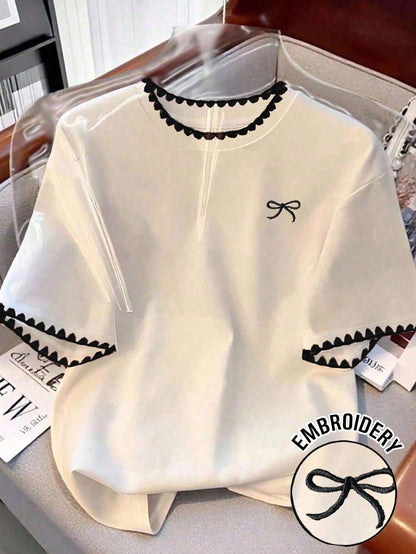 Resyla Women's Casual Off-White Bowknot & Dog Tooth Embroidery Print Short Sleeve T-Shirt,Elegant Summer Tea Party Versatile Design,Back To School,Outdoor