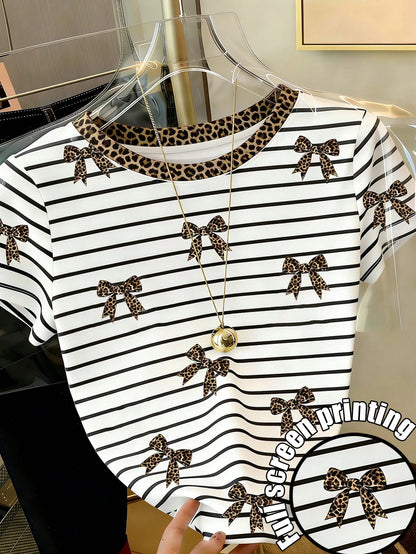 Resyla Women's Casual Striped, Leopard Print, Bow Decor Round Neck Short Sleeve T-Shirt, Summer