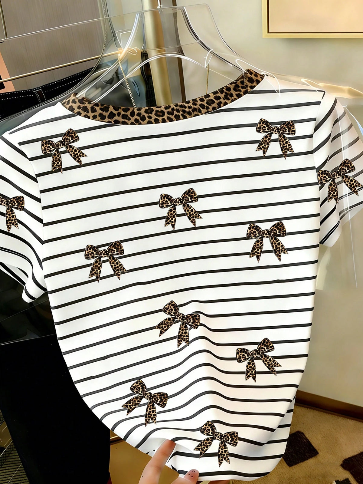 Resyla Women's Casual Striped, Leopard Print, Bow Decor Round Neck Short Sleeve T-Shirt, Summer