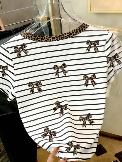 Resyla Women's Casual Striped, Leopard Print, Bow Decor Round Neck Short Sleeve T-Shirt, Summer
