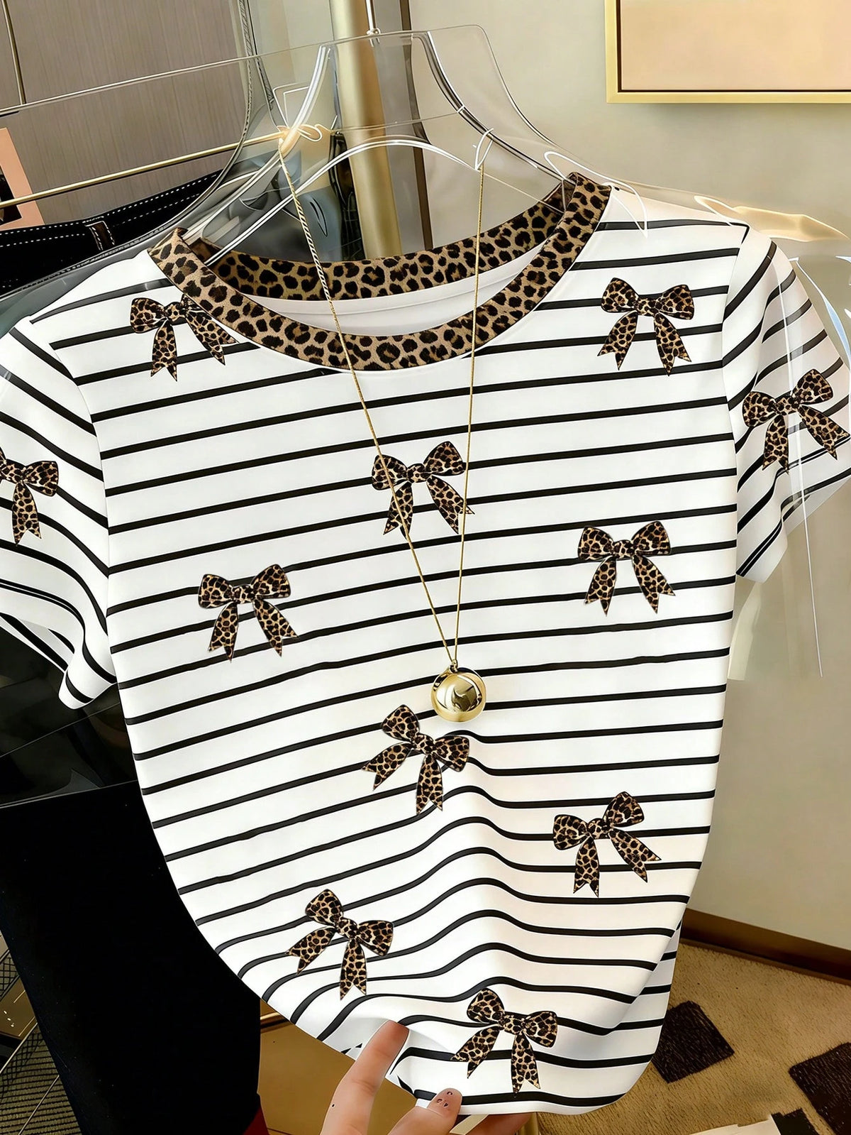 Resyla Women's Casual Striped, Leopard Print, Bow Decor Round Neck Short Sleeve T-Shirt, Summer