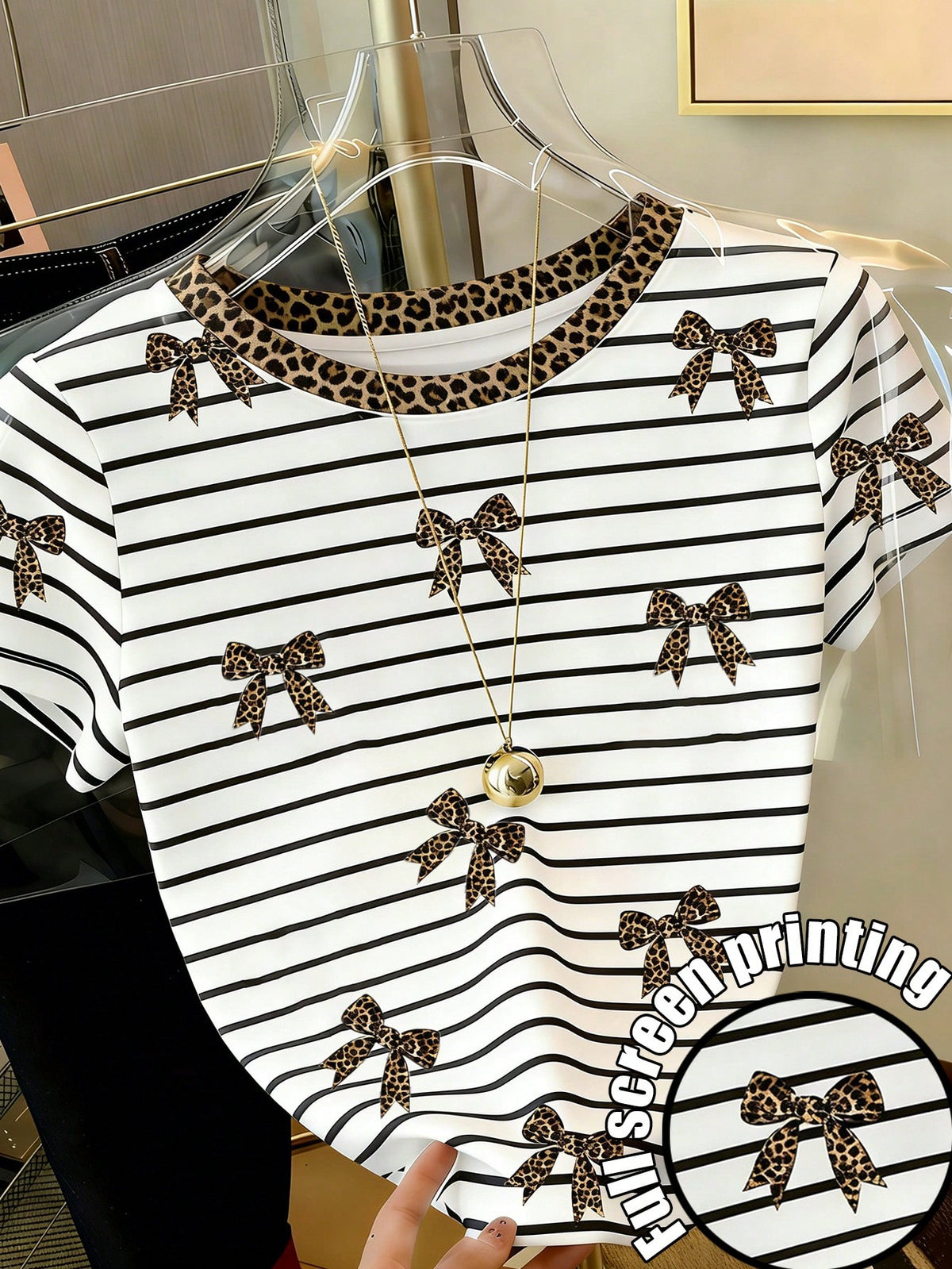 Resyla Women's Casual Striped, Leopard Print, Bow Decor Round Neck Short Sleeve T-Shirt, Summer