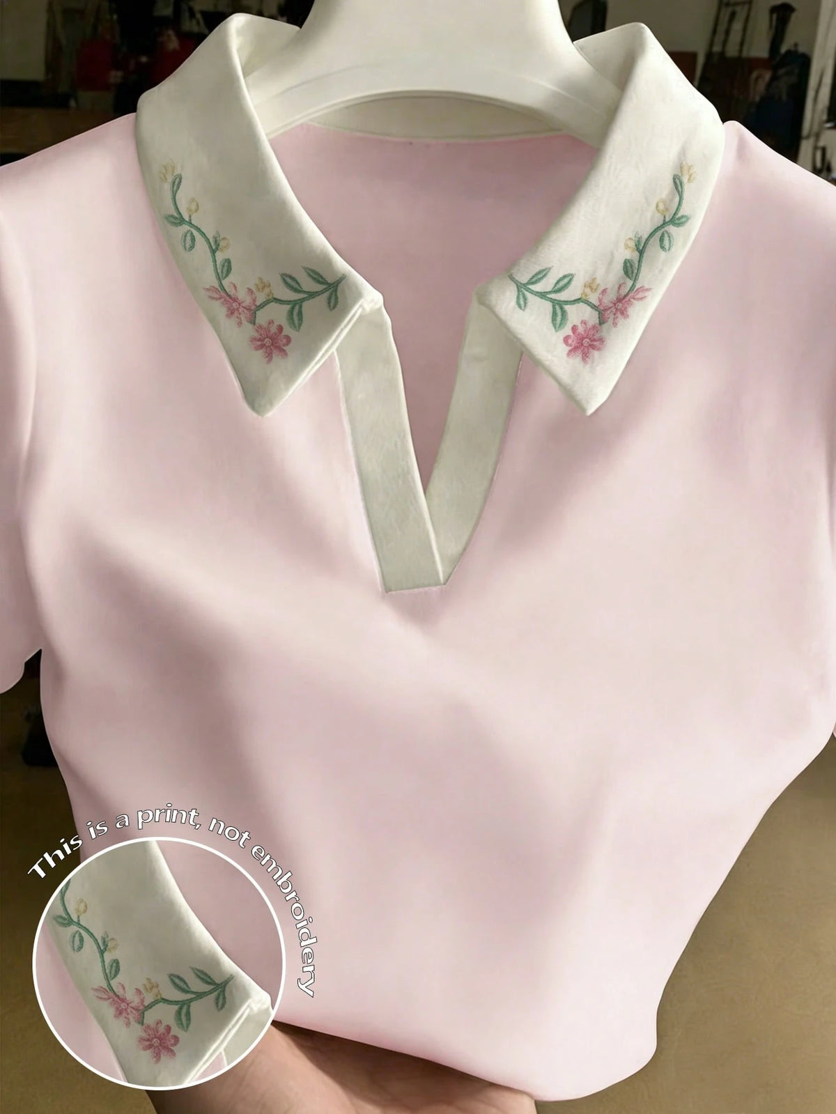 Resyla Women's Gentle Style Contrast Color Lapel Print Fresh Floral Pink Slimming Short Sleeve Top