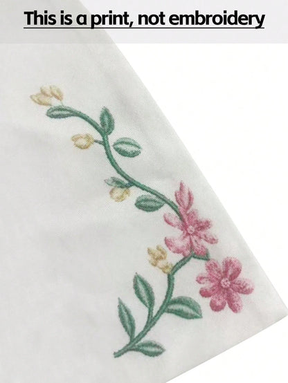 Resyla Women's Gentle Style Contrast Color Lapel Print Fresh Floral Pink Slimming Short Sleeve Top