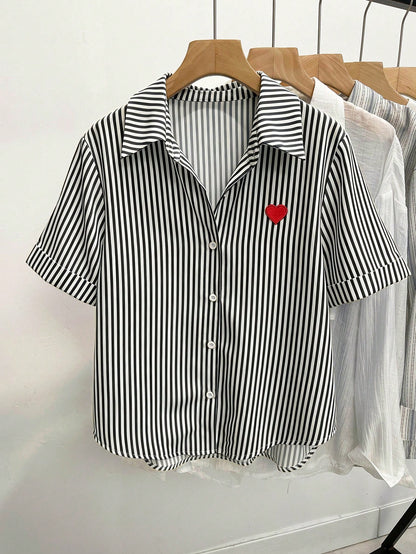 Resyla Women's Heart Embroidery Striped Short Sleeve Single-Breasted Casual Shirt