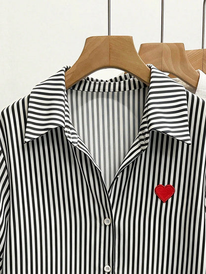 Resyla Women's Heart Embroidery Striped Short Sleeve Single-Breasted Casual Shirt
