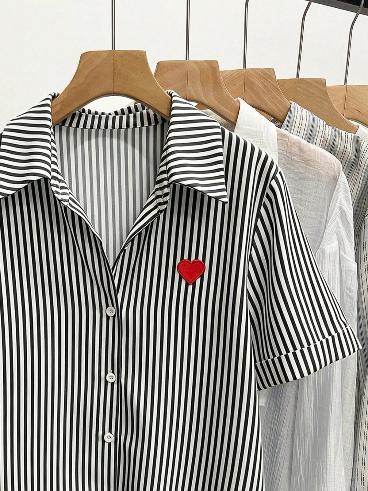 Resyla Women's Heart Embroidery Striped Short Sleeve Single-Breasted Casual Shirt