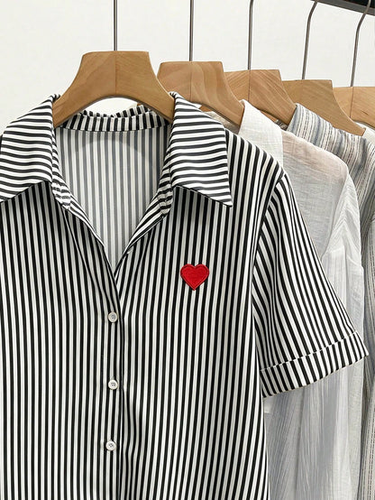 Resyla Women's Heart Embroidery Striped Short Sleeve Single-Breasted Casual Shirt