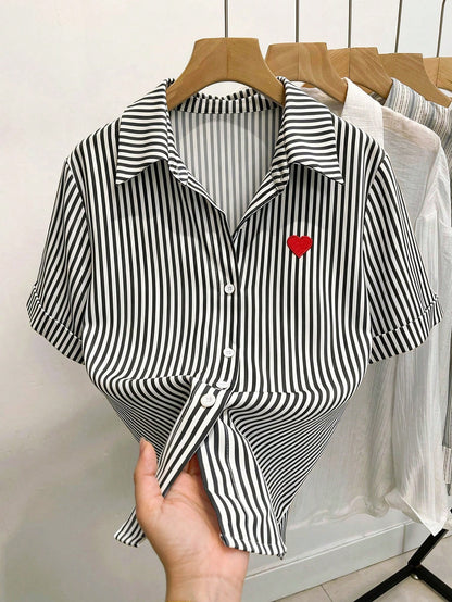 Resyla Women's Heart Embroidery Striped Short Sleeve Single-Breasted Casual Shirt