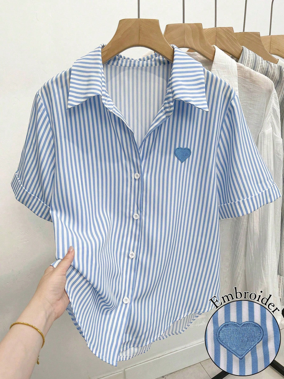 Resyla Women's Heart Embroidery Striped Short Sleeve Single-Breasted Casual Shirt