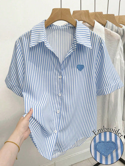 Resyla Women's Heart Embroidery Striped Short Sleeve Single-Breasted Casual Shirt