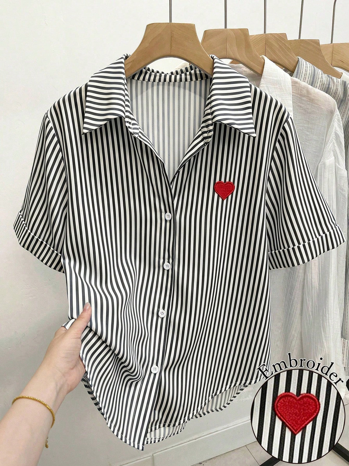 Resyla Women's Heart Embroidery Striped Short Sleeve Single-Breasted Casual Shirt