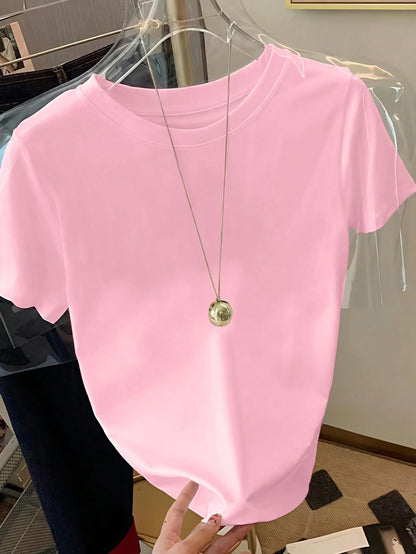 Resyla Women's Solid Color Minimalist Casual Round Neck Short Sleeve T-Shirt