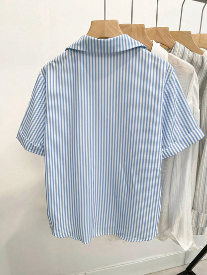 Resyla Women's Striped Print Heart Embroidery Casual Short Sleeve Shirt