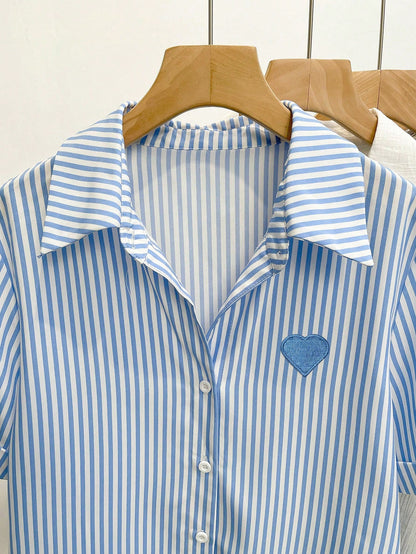 Resyla Women's Striped Print Heart Embroidery Casual Short Sleeve Shirt