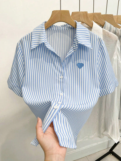 Resyla Women's Striped Print Heart Embroidery Casual Short Sleeve Shirt