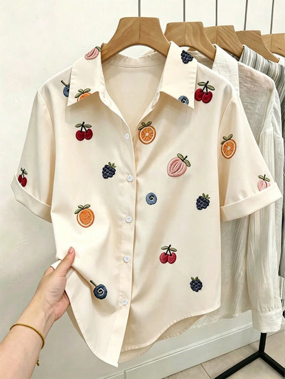 Resyla Women's Striped Print Heart Embroidery Casual Short Sleeve Shirt