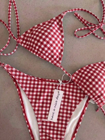 Retro Red & White Plaid Spaghetti Strap Tie Bikini Set, Sexy Push-Up High Waist Fitted 2 Pieces Swimsuit, Suitable For Women Summer Vacation