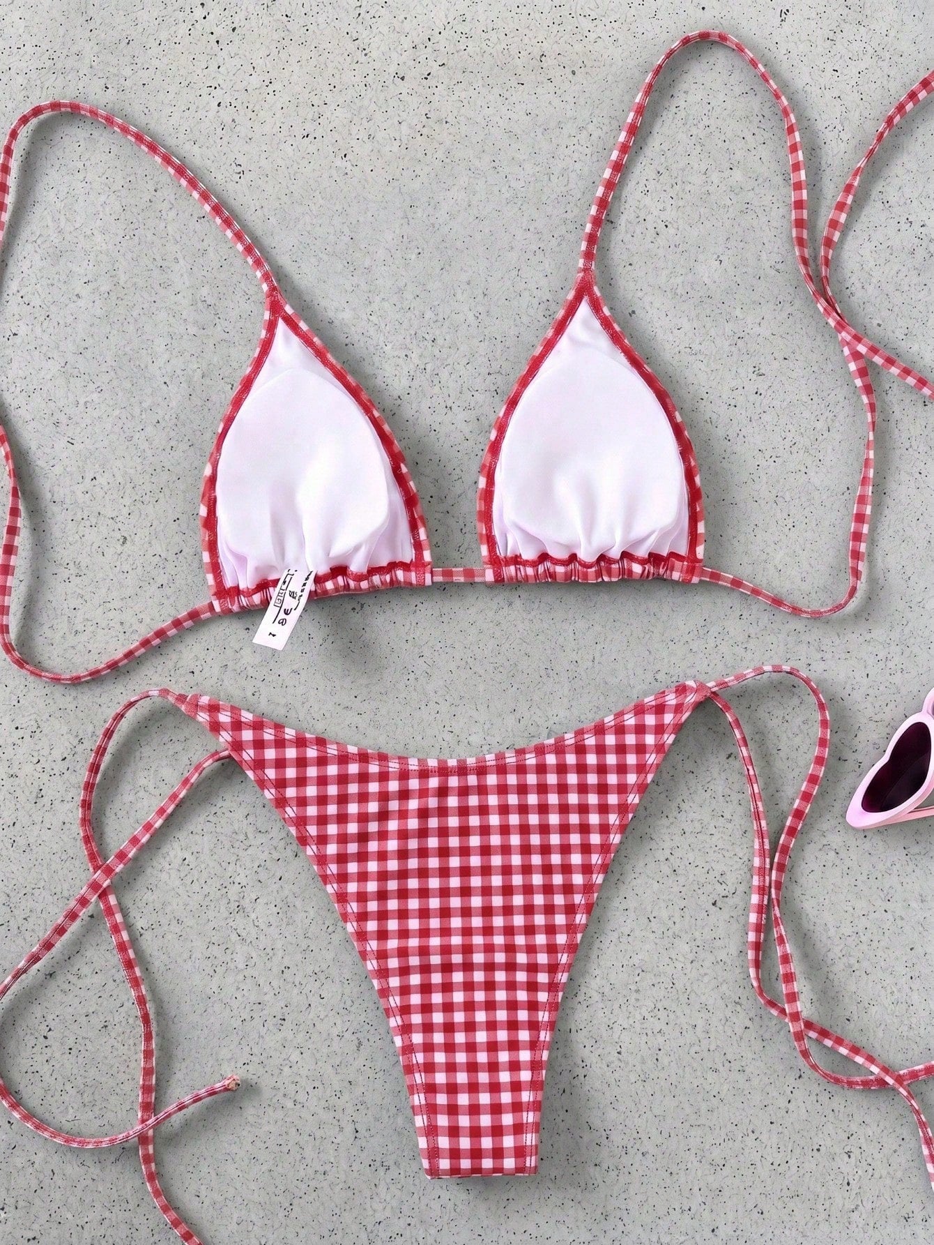 Retro Red & White Plaid Spaghetti Strap Tie Bikini Set, Sexy Push-Up High Waist Fitted 2 Pieces Swimsuit, Suitable For Women Summer Vacation