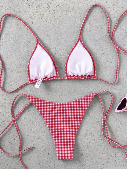 Retro Red & White Plaid Spaghetti Strap Tie Bikini Set, Sexy Push-Up High Waist Fitted 2 Pieces Swimsuit, Suitable For Women Summer Vacation