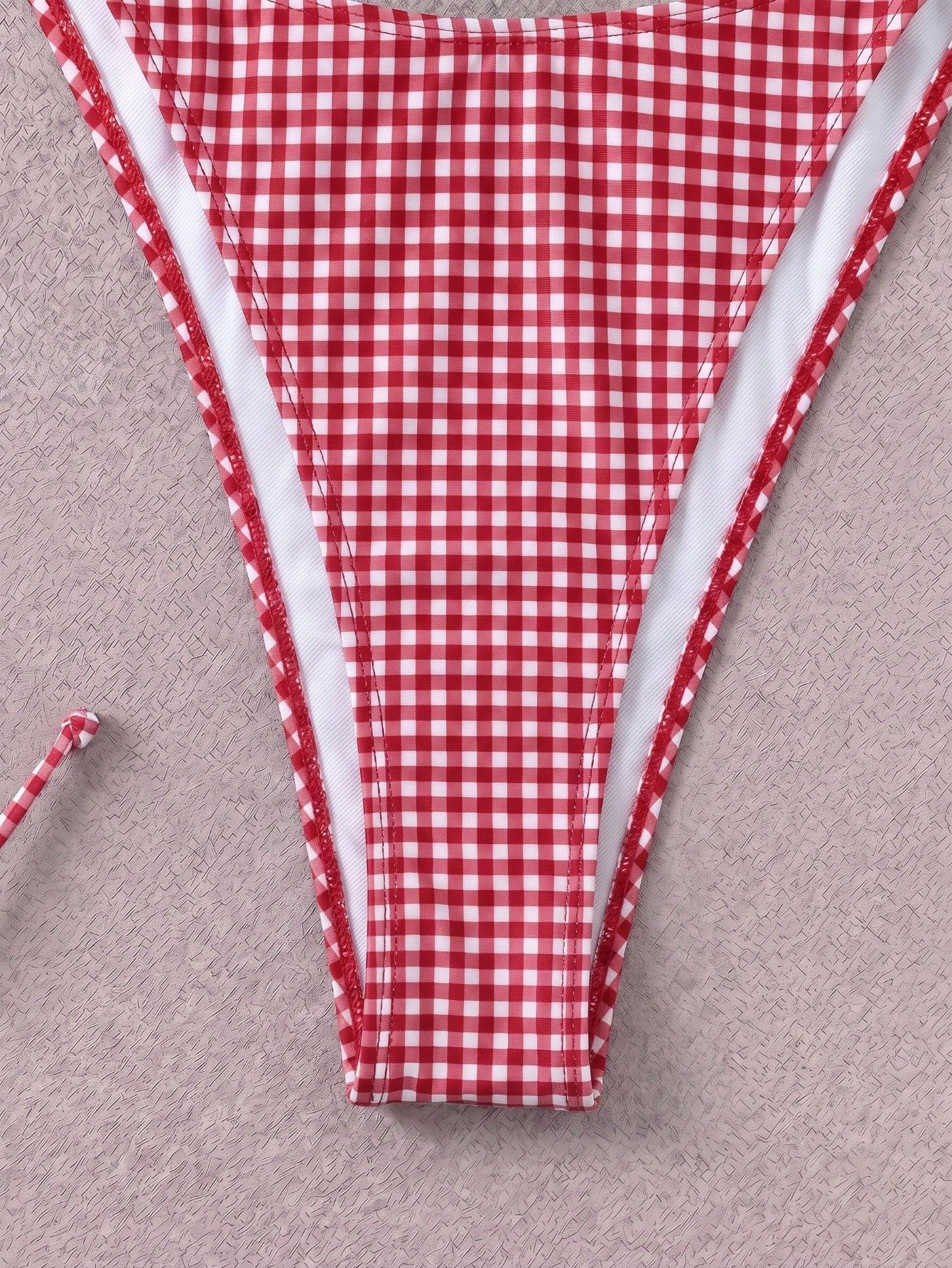 Retro Red & White Plaid Spaghetti Strap Tie Bikini Set, Sexy Push-Up High Waist Fitted 2 Pieces Swimsuit, Suitable For Women Summer Vacation