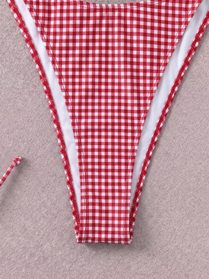 Retro Red & White Plaid Spaghetti Strap Tie Bikini Set, Sexy Push-Up High Waist Fitted 2 Pieces Swimsuit, Suitable For Women Summer Vacation