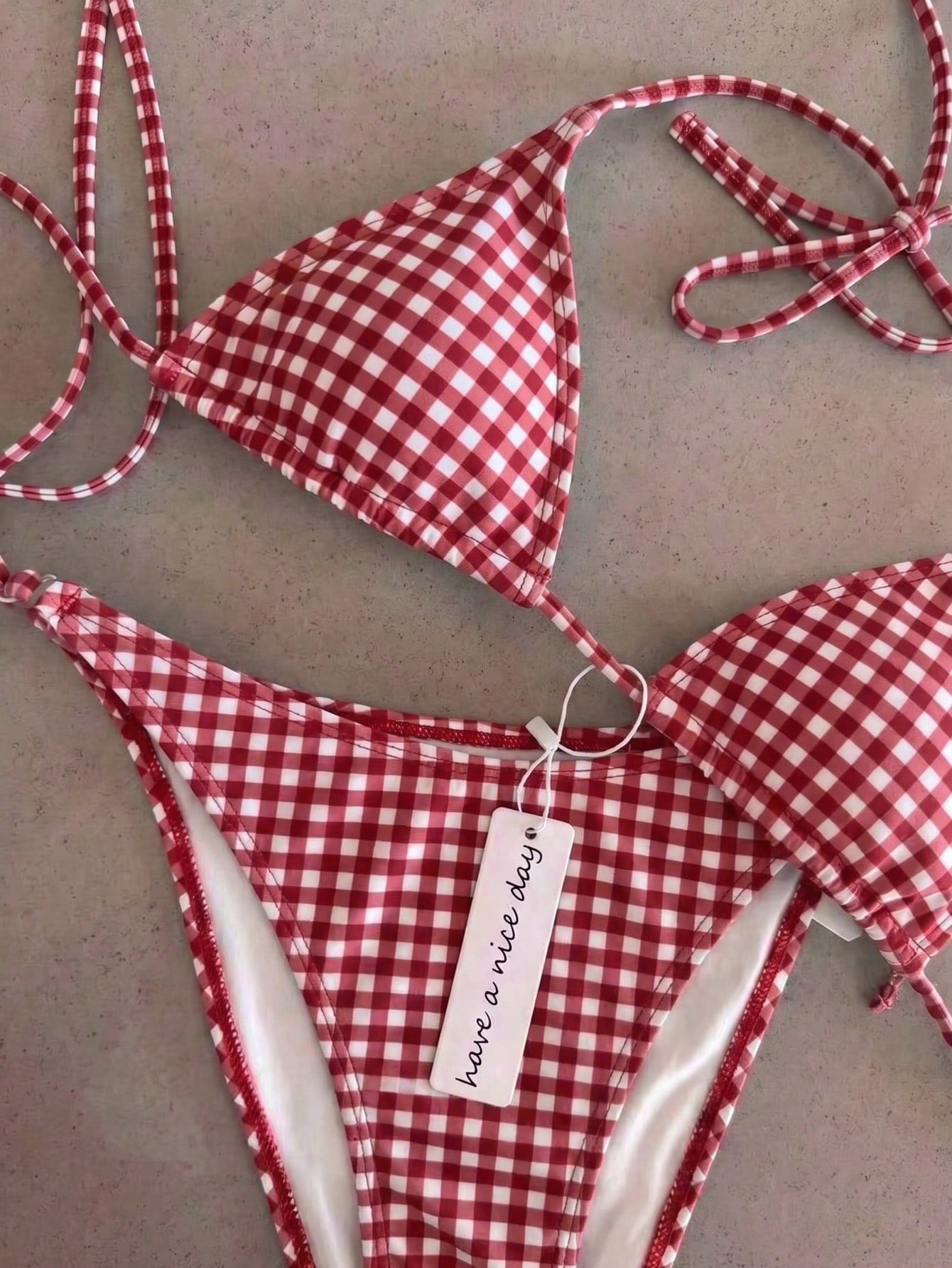 Retro Red & White Plaid Spaghetti Strap Tie Bikini Set, Sexy Push-Up High Waist Fitted 2 Pieces Swimsuit, Suitable For Women Summer Vacation