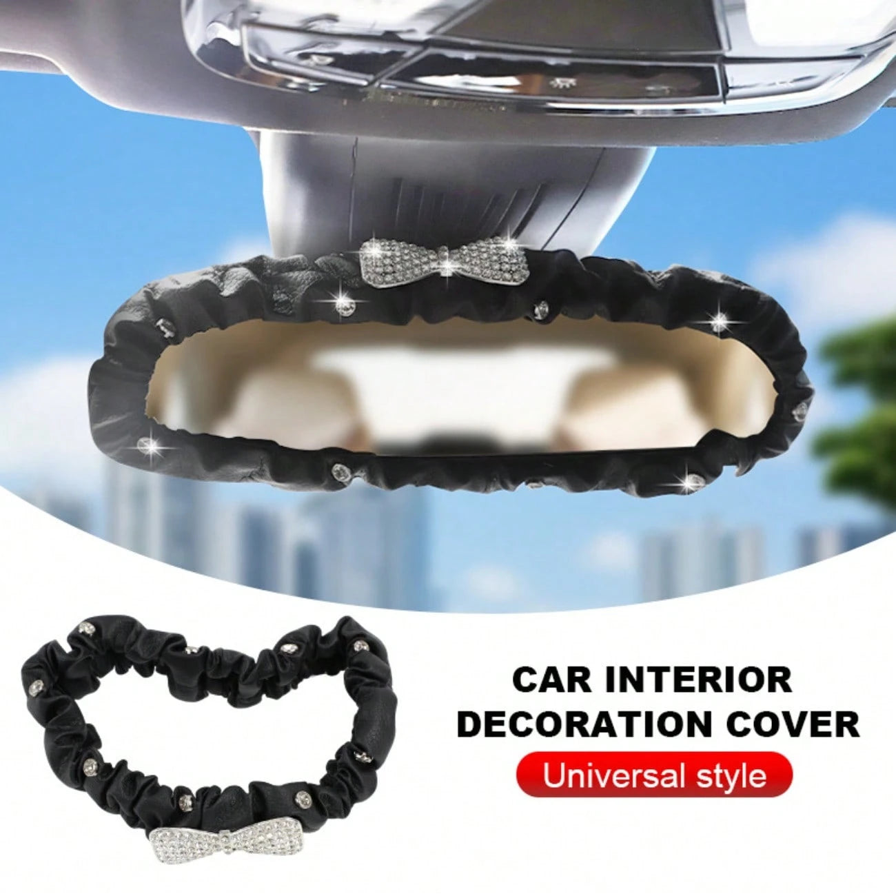Rhinestone Bow Car Rearview Mirror Cover, Lace Trim Decor Interior Mirror Protector