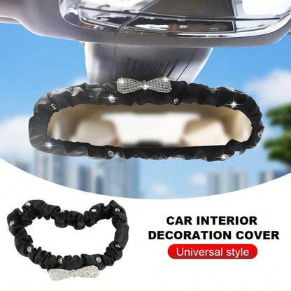 Rhinestone Bow Car Rearview Mirror Cover, Lace Trim Decor Interior Mirror Protector