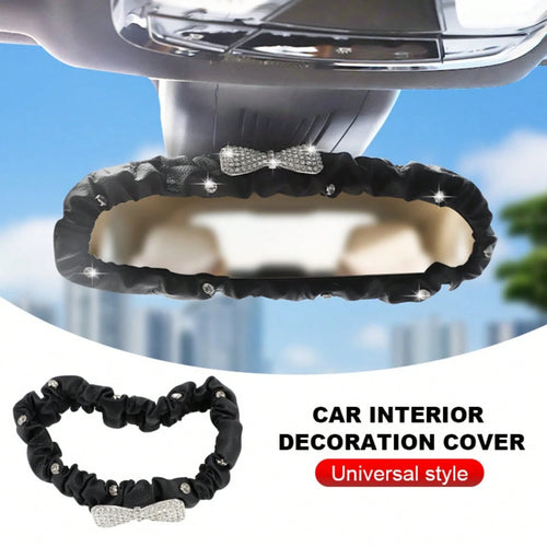 Rhinestone Bow Car Rearview Mirror Cover, Lace Trim Decor Interior Mirror Protector