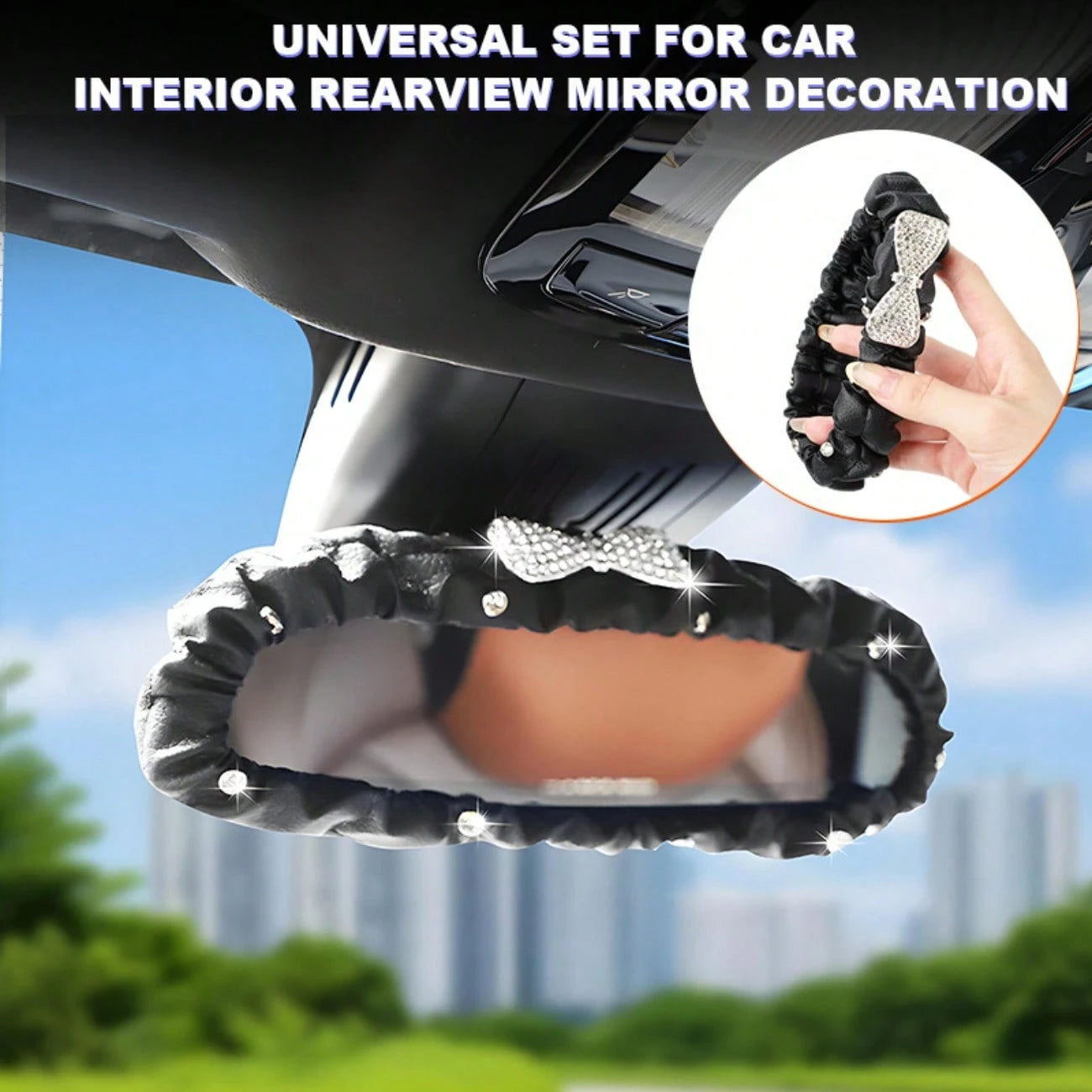 Rhinestone Bow Car Rearview Mirror Cover, Lace Trim Decor Interior Mirror Protector