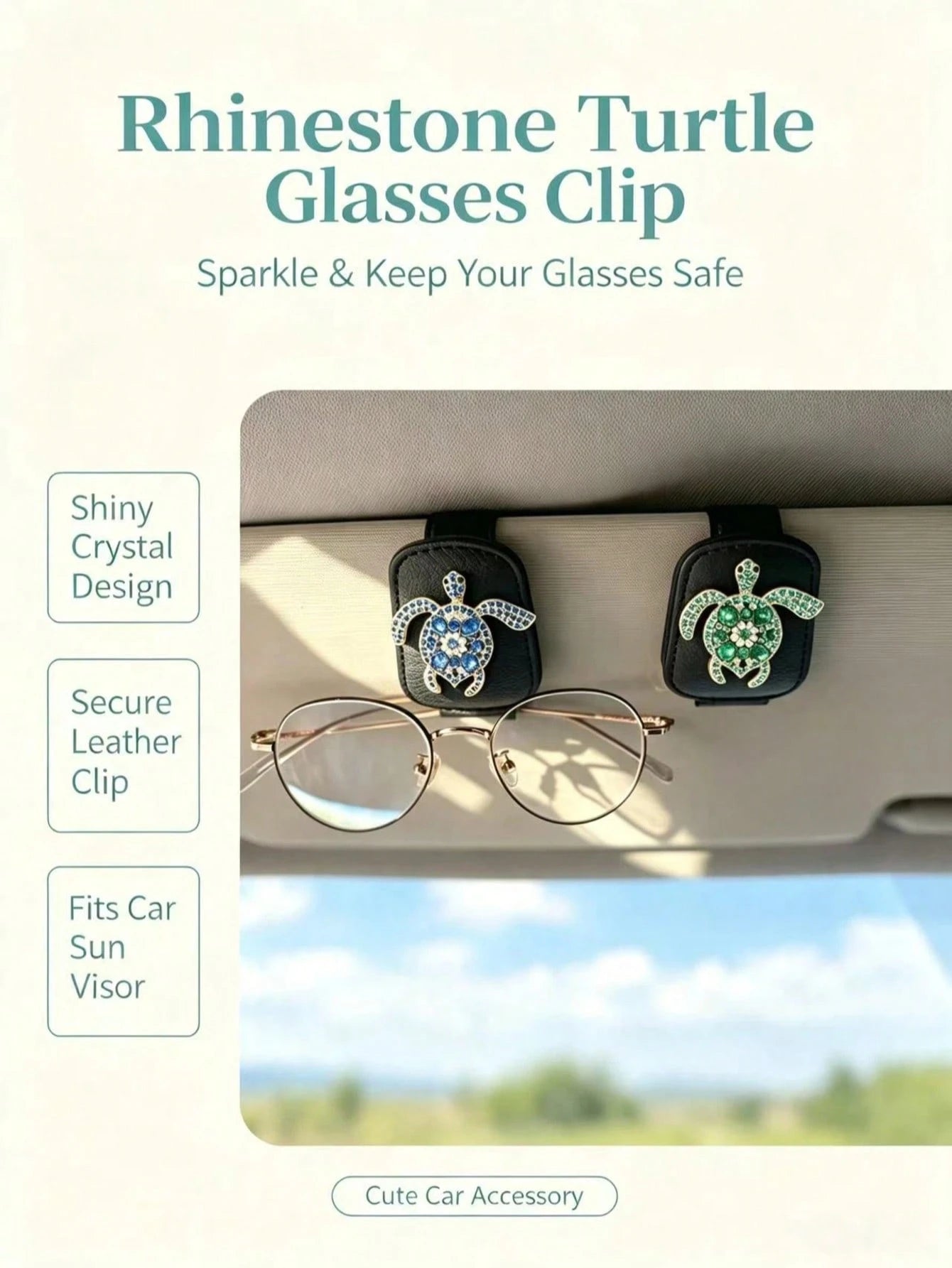 Rhinestone Turtle Car Fashion Glasses Clip, Blue & Green Diamond Sea Turtle Black Leather Sun Visor Fashion Glasses & Ticket Holder, Luxury Ocean Style Car Interior Accessory, Car Fashion Glasses & Pa