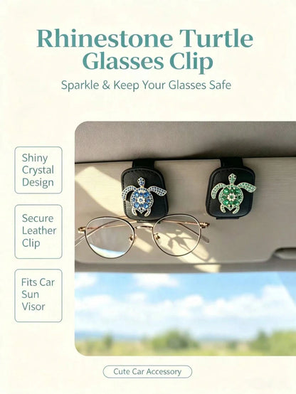 Rhinestone Turtle Car Fashion Glasses Clip, Blue & Green Diamond Sea Turtle Black Leather Sun Visor Fashion Glasses & Ticket Holder, Luxury Ocean Style Car Interior Accessory, Car Fashion Glasses & Pa