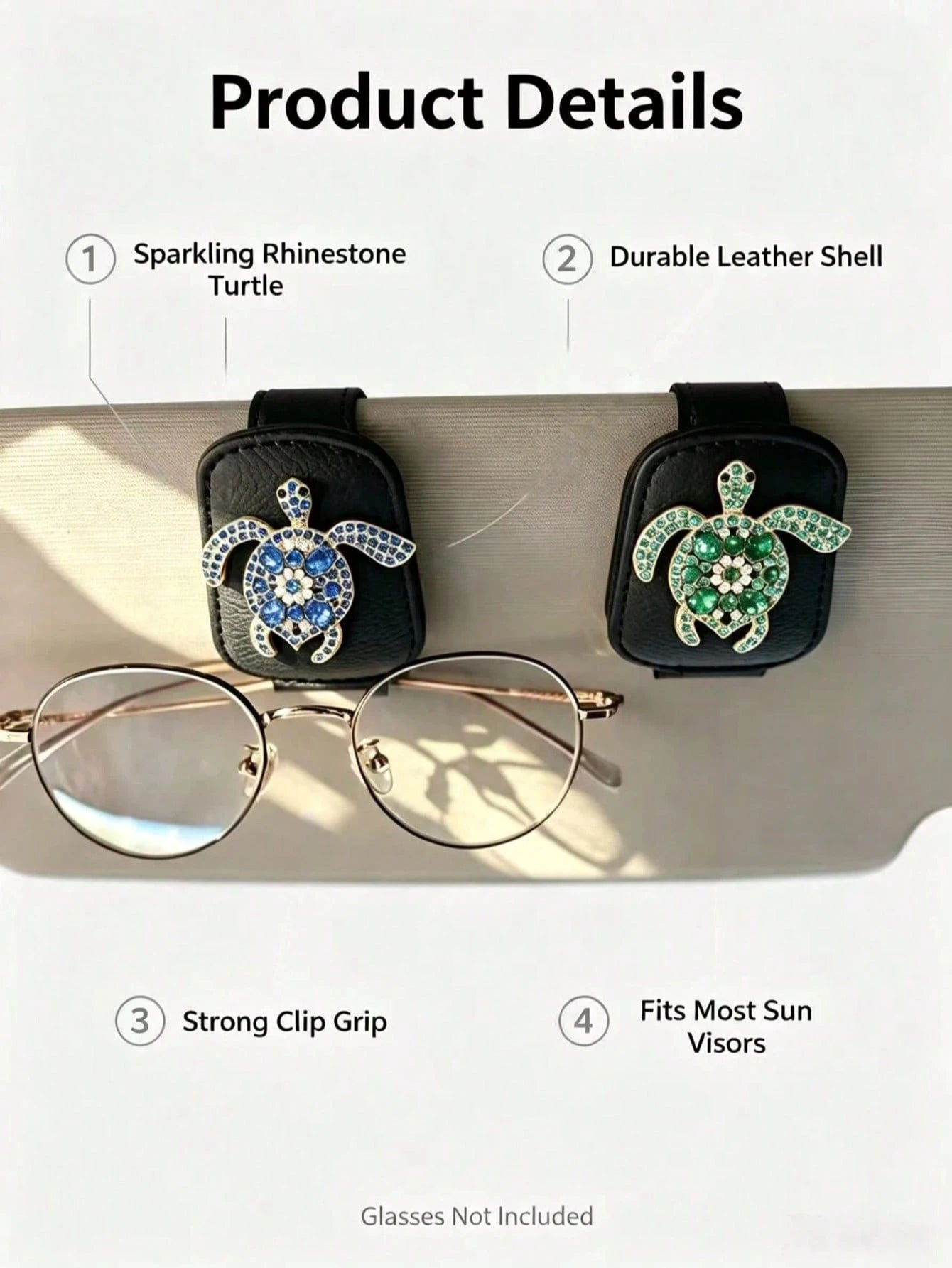 Rhinestone Turtle Car Fashion Glasses Clip, Blue & Green Diamond Sea Turtle Black Leather Sun Visor Fashion Glasses & Ticket Holder, Luxury Ocean Style Car Interior Accessory, Car Fashion Glasses & Pa