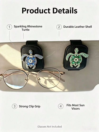 Rhinestone Turtle Car Fashion Glasses Clip, Blue & Green Diamond Sea Turtle Black Leather Sun Visor Fashion Glasses & Ticket Holder, Luxury Ocean Style Car Interior Accessory, Car Fashion Glasses & Pa