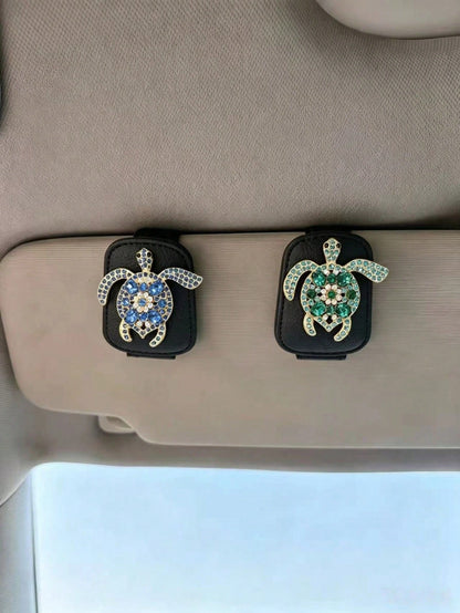 Rhinestone Turtle Car Fashion Glasses Clip, Blue & Green Diamond Sea Turtle Black Leather Sun Visor Fashion Glasses & Ticket Holder, Luxury Ocean Style Car Interior Accessory, Car Fashion Glasses & Pa