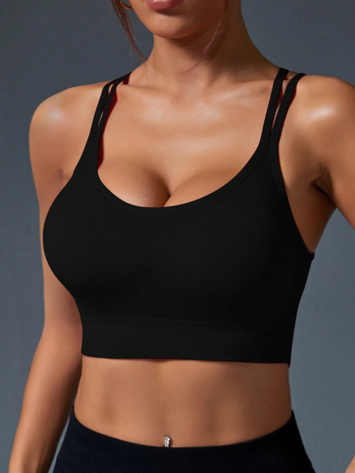 Rhythm Era 1pc Women Plus Size Seamless Criss-Cross Back Sports Camisole,Black Summer Athletic Curve Gym Workout Tops With Built In Bra,Backless Yoga Top